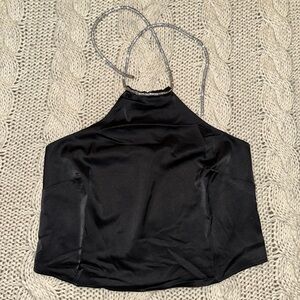 Lulus Truly Stunning black satin halter crop top with a jeweled neckline New